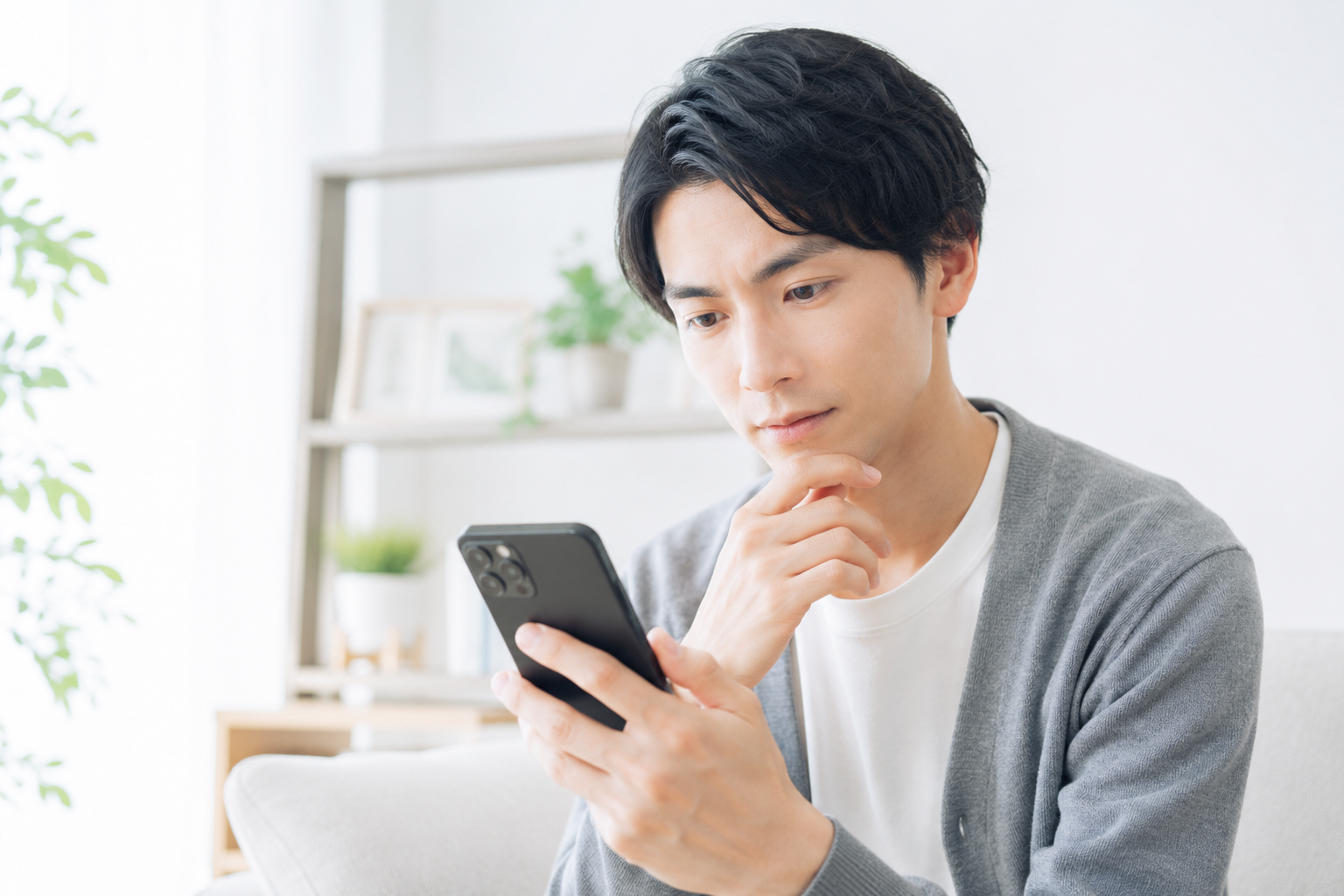 男性がスマホを見てなやんでいる様子